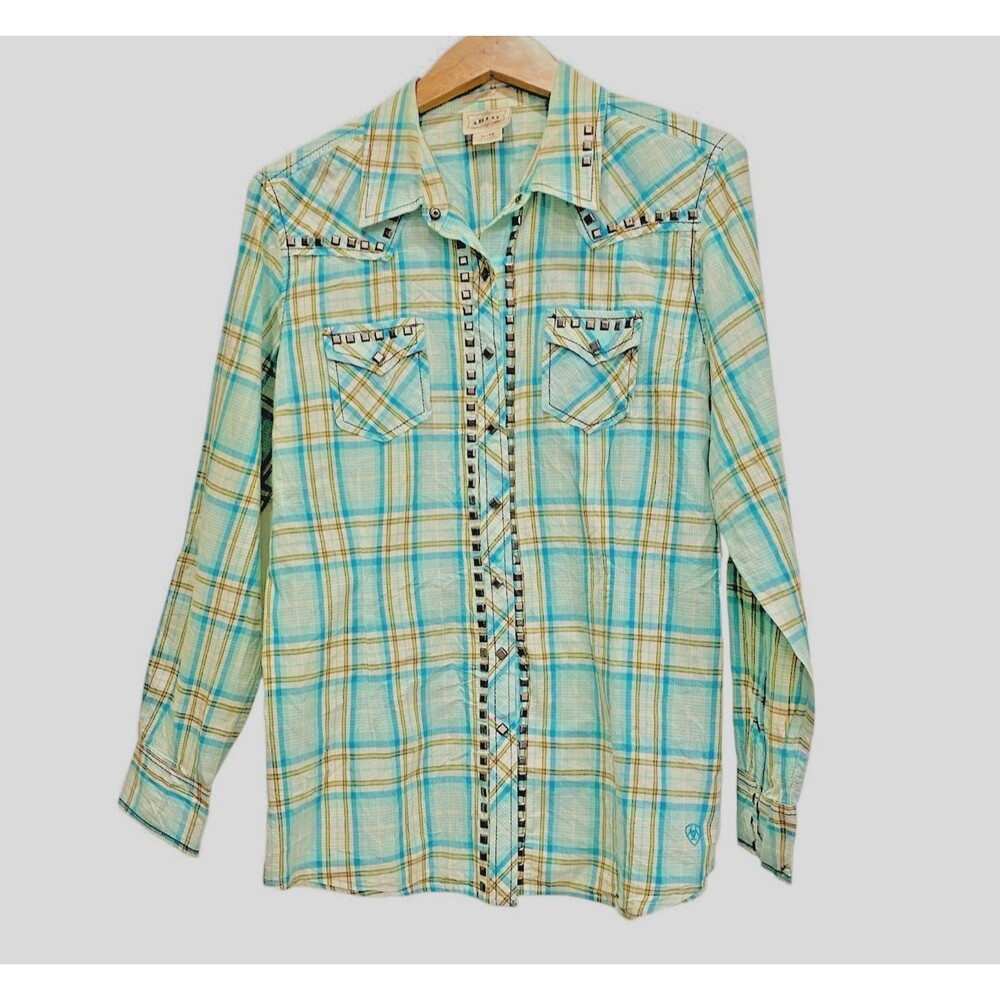 ARIAT Bronze Studded Fitted Front Yoke SnapShirt Plaid Cotton Cowgirl Western XL